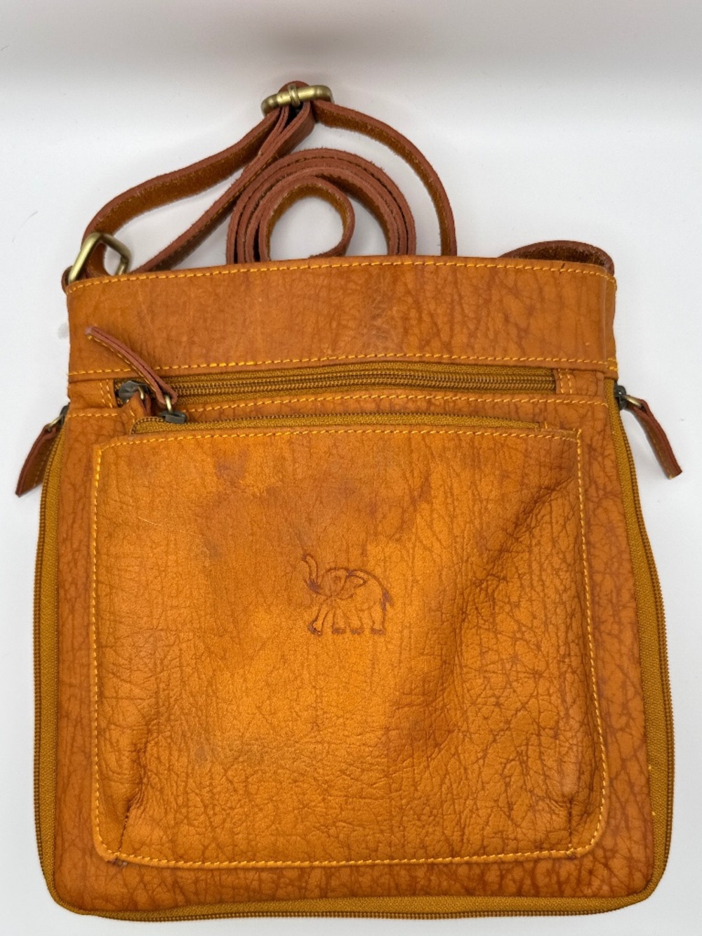 Genuine Leather Tan Crossbody Bag Elephant Stamp Multi Pocket Adjustable Strap